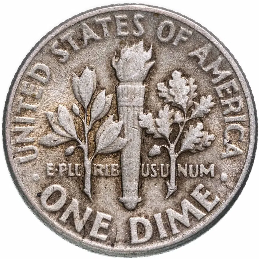 США 10 центов (дайм, one dime) 1949 "Silver Roosevelt Dime (Рузвельт)" без обозначения монетного двора, реверс
