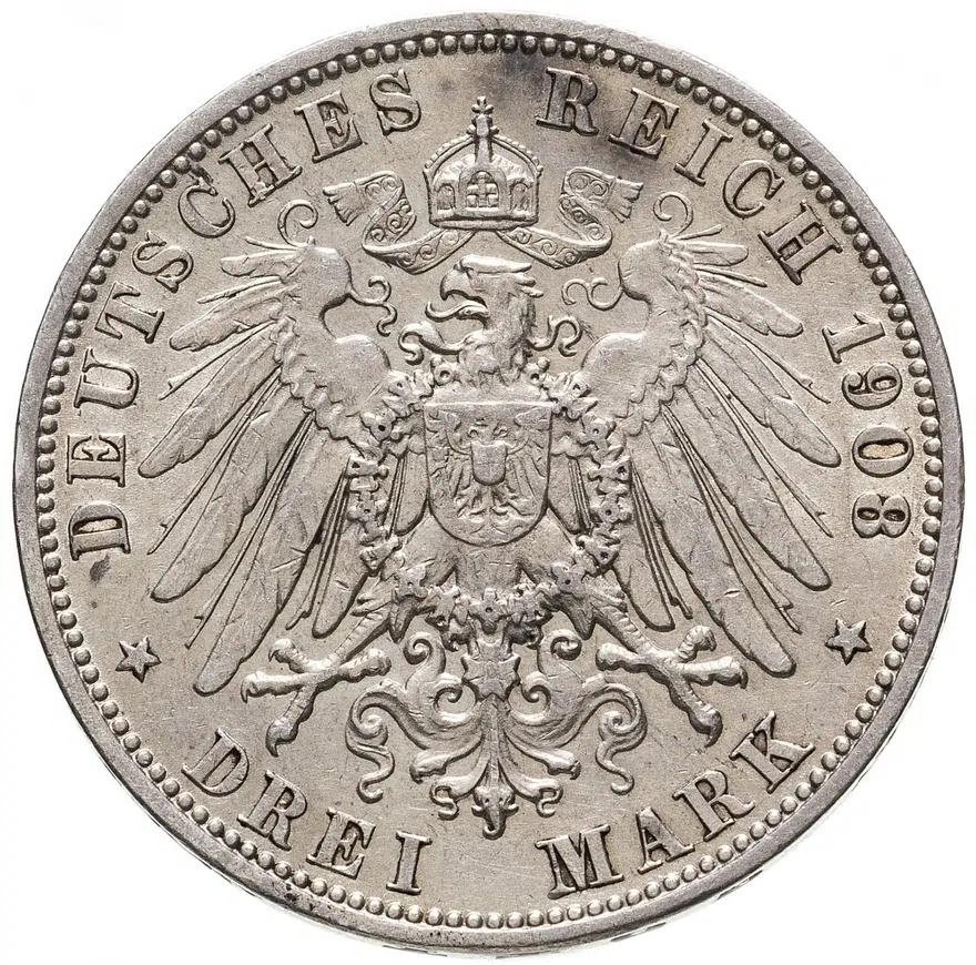 Германия (Империя) 3 марки (mark) 1908 F  Вюртемберг, реверс
