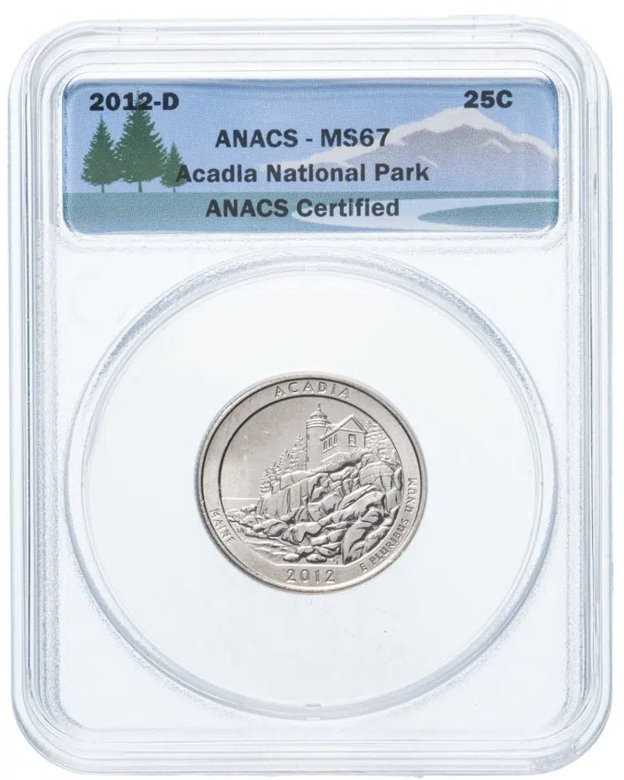 США 25 центов (квотер, 1/4 доллара, quarter dollar) 2012 D национальный парк Акадия в слабе ANACS MS67
