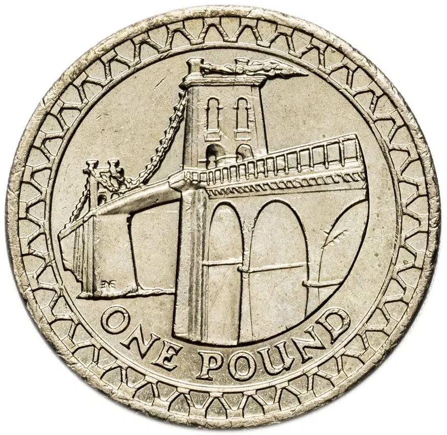 Великобритания 1 фунт (pound) 2005 "Висячий мост через Менай", аверс