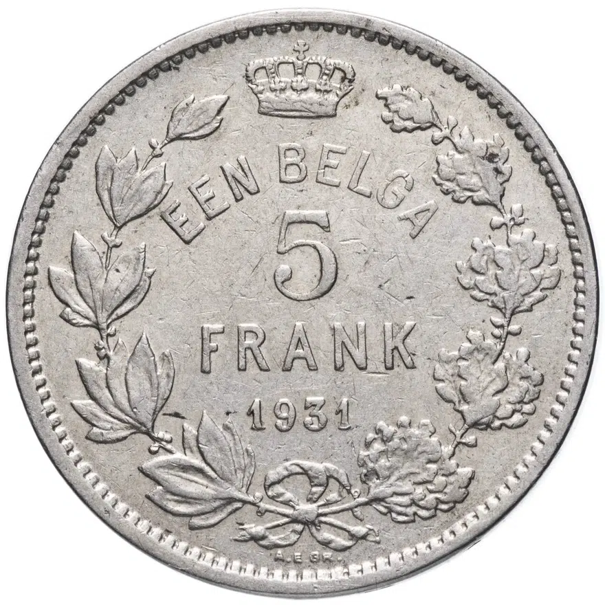 Бельгия 5 франков (francs) 1931  Надпись на голландском - 'ALBERT KONING DER BELGEN'