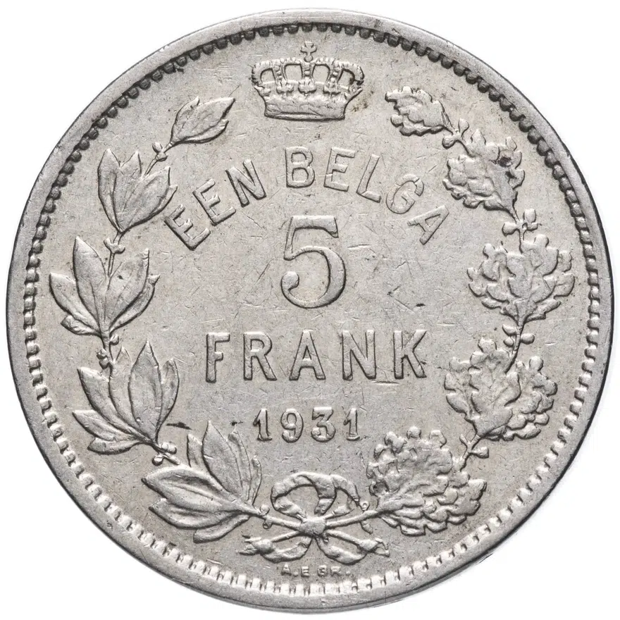 Бельгия 5 франков (francs) 1931  Надпись на голландском - 'ALBERT KONING DER BELGEN', реверс