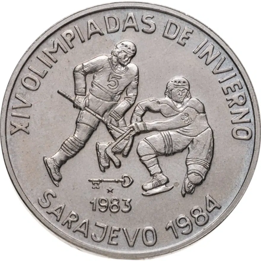 Куба 1 песо (peso) 1983  XIV зимние Олимпийские игры, Сараево 1984 - Хоккей, аверс
