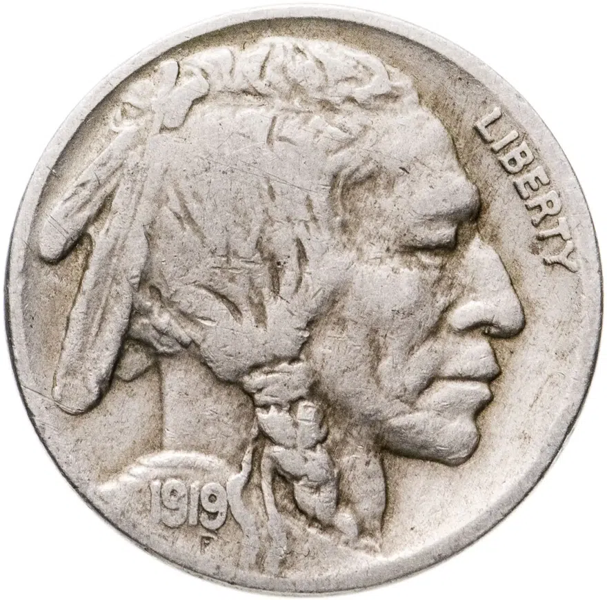 5 центов (cents) 1919  Buffalo Nickel (буффало) без обозначения монетного двора