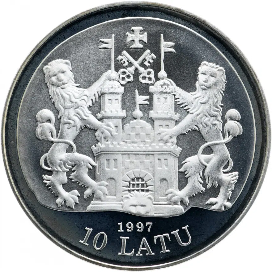 Латвия 10 латов (lati) 1997  "800 лет Риге - XVII век", в футляре с сертификатом, реверс