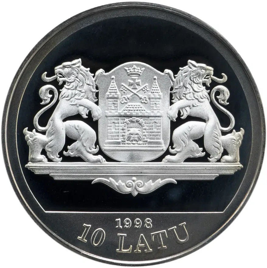 Латвия 10 латов (lati) 1998  "800 лет Риге - XX век", в футляре с сертификатом, реверс