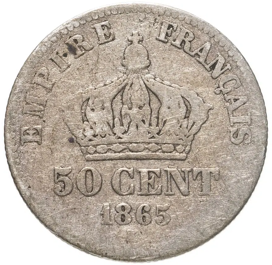 Франция 50 сантимов (centimes) 1865 A  знак монетного двора: "A" - Париж, реверс