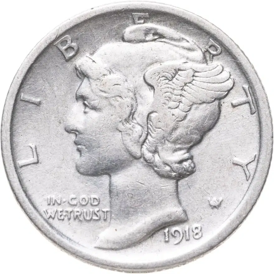США 10 центов (дайм, one dime) 1918 Mercury Dime Без отметки монетного двора, аверс