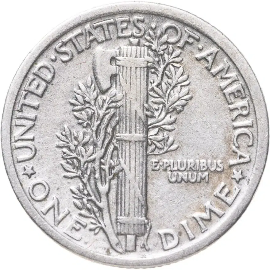 США 10 центов (дайм, one dime) 1918 Mercury Dime Без отметки монетного двора, реверс