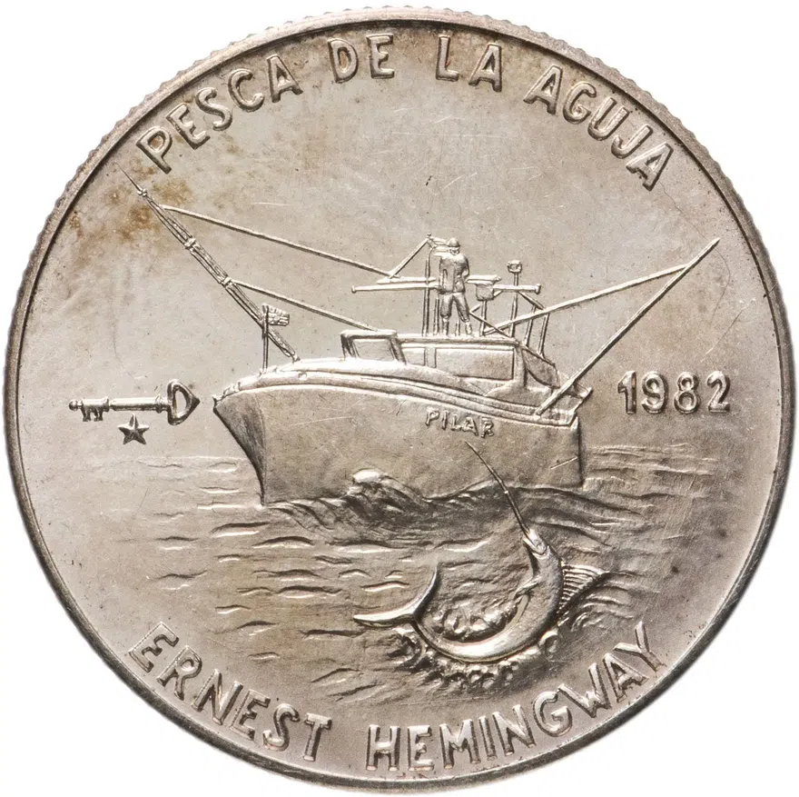 Куба 5 песо (pesos) 1982  Эрнест Хэмингуэй - Рыбалка с яхты, аверс