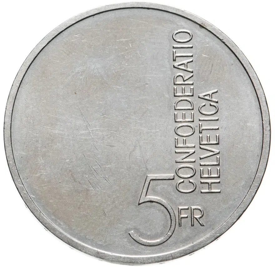 Швейцария 5 франков (francs) 1985 "Год музыки", реверс