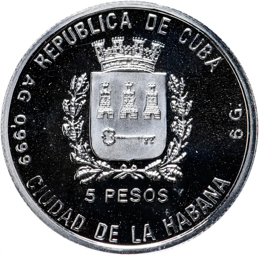 Куба 5 песо (pesos) 1993  Доисторические животные - Апатозавр, реверс