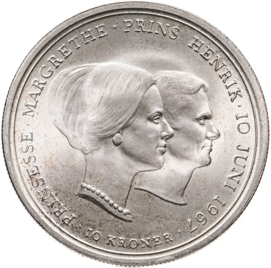 Дания 10 крон (kroner) 1967  свадьба принцессы Маргрете