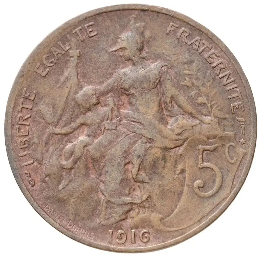 Франция 5 сантимов (centimes) 1916 ★  знак монетного двора: "★" - Мадрид, аверс