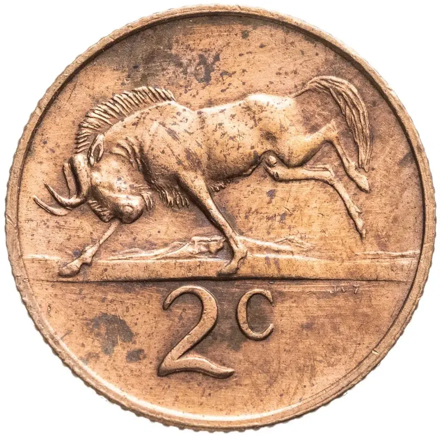 ЮАР 2 цента (cents) 1968   окончание президентства Чарльза Сварта "SUID-AFRIKA"