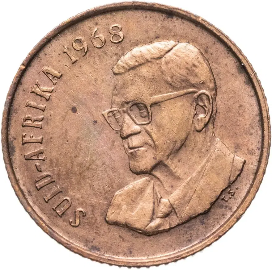 ЮАР 2 цента (cents) 1968   окончание президентства Чарльза Сварта "SUID-AFRIKA", реверс