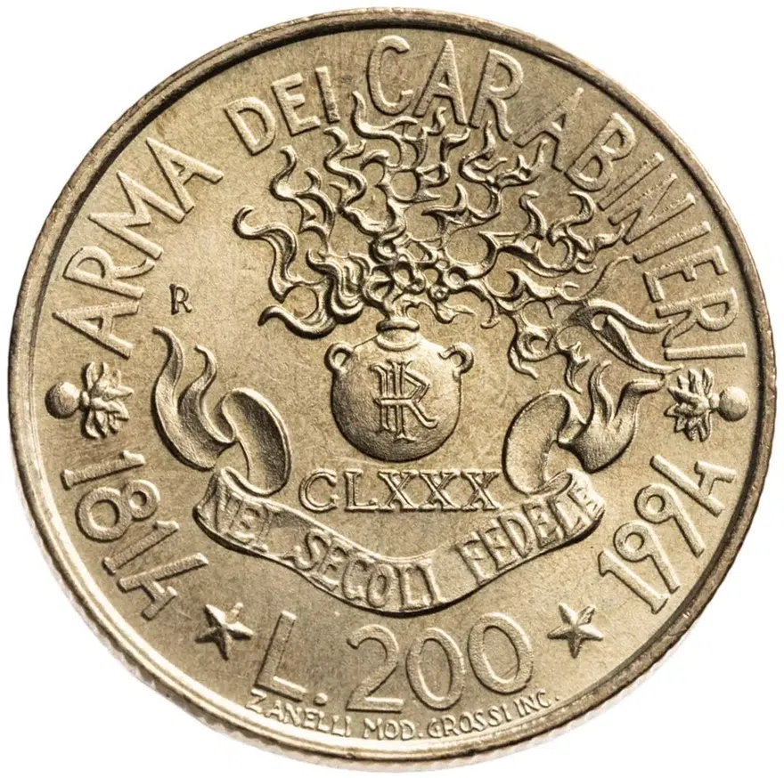 Италия 200 лир (lire) 1994  180 лет карабинерам, реверс
