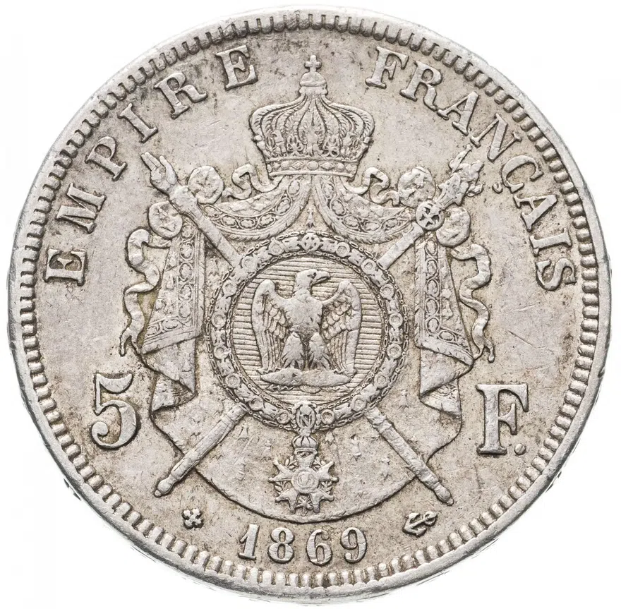 Франция 5 франков (francs) 1869 BB, реверс