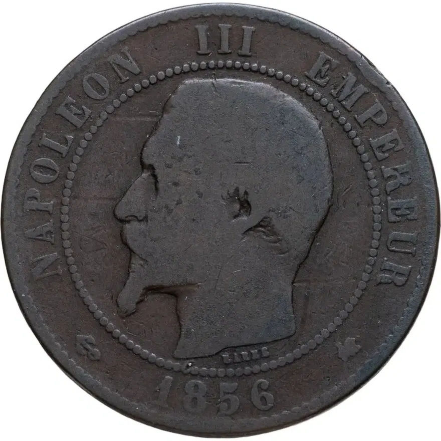 Франция 10 сантимов (centimes) 1856 K  знак монетного двора: "K" - Бордо, аверс