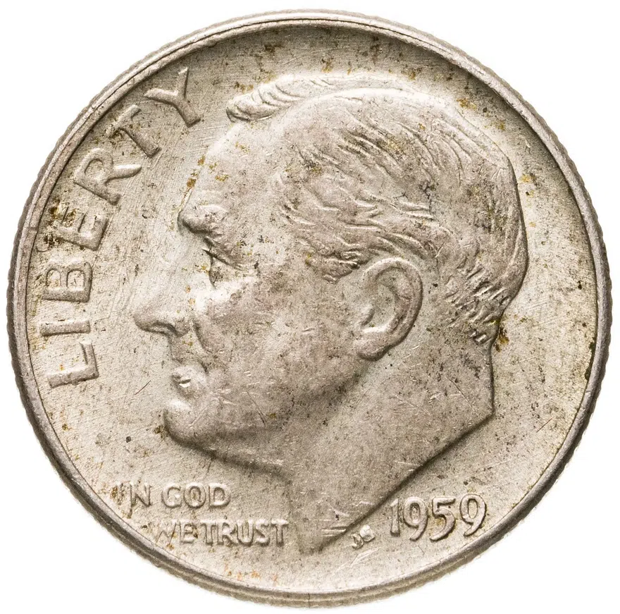 США 10 центов (дайм, one dime) 1959 Рузвельт (Silver Roosevelt Dime), аверс