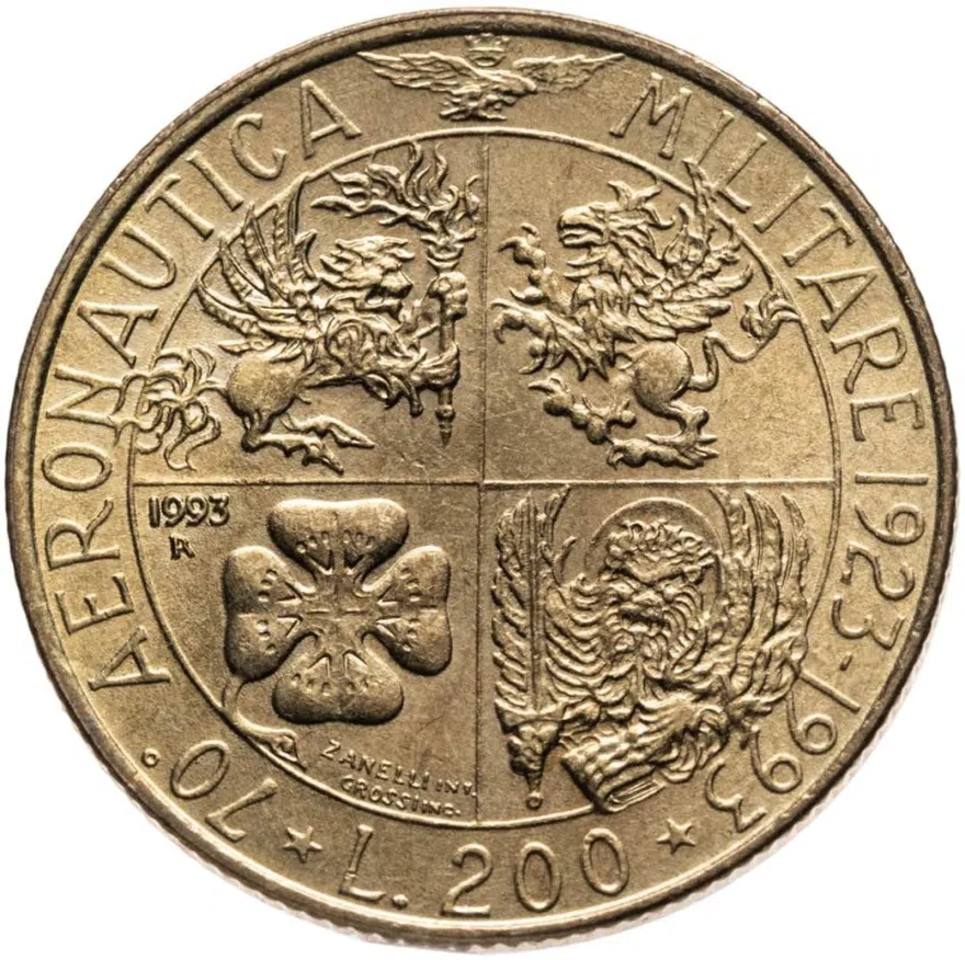Италия 200 лир (lire) 1993  70 лет военной авиации, реверс