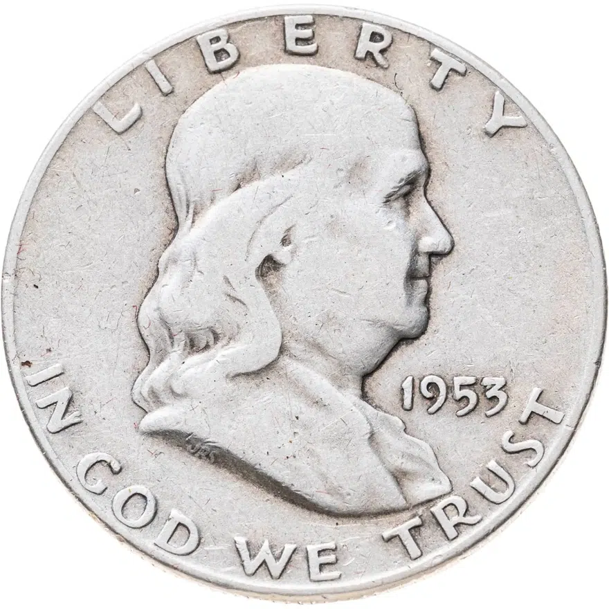 США 50 центов (1/2 доллара, half dollar) 1953 D Franklin Half Dollar знак монетного двора "D" - Денвер, реверс