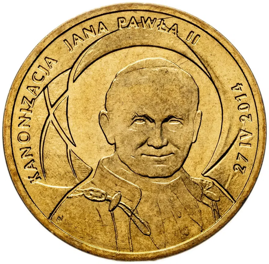 Польша 2 злотых (zlote) 2014  Канонизация Иоанна Павла II - 27 апреля 2014, аверс