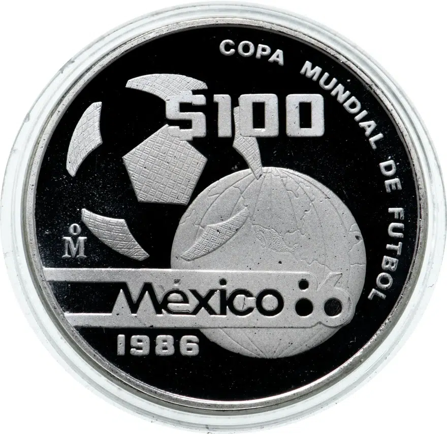Мексика 100 песо (pesos) 1986 Чемпионат мира по футболу 1986 - Мяч и глобус