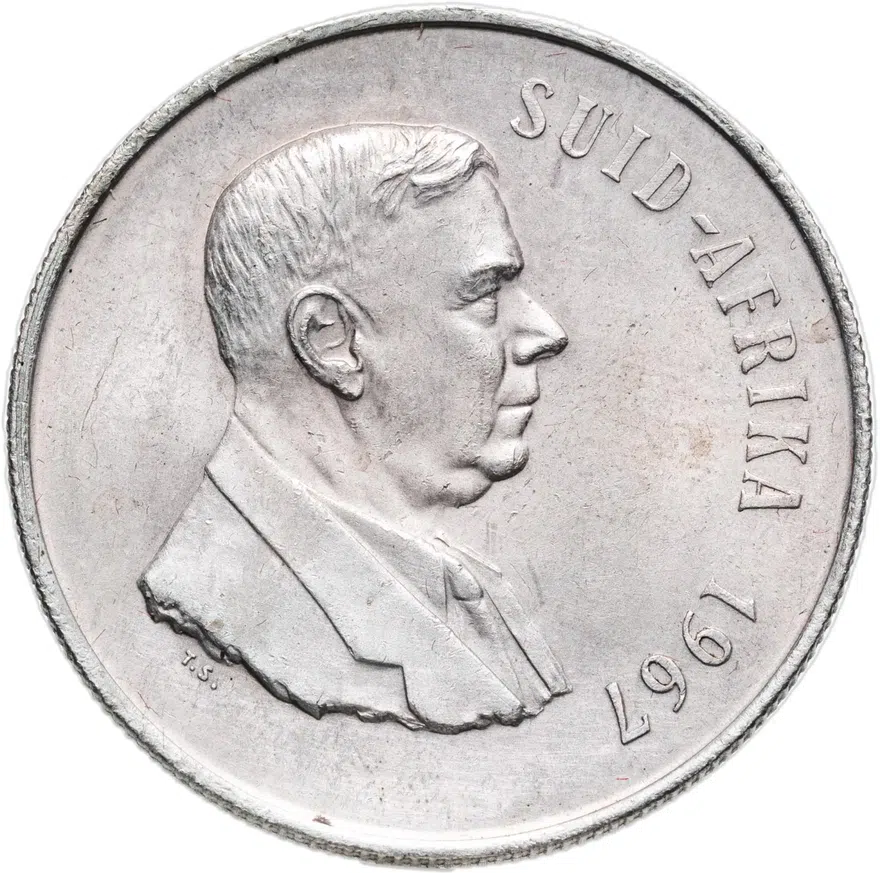 ЮАР 1 ранд (рэнд, rand) 1967  Первая годовщина смерти Хендрика Фервурда, надпись на африкаанс - "SUID-AFRIKA"
