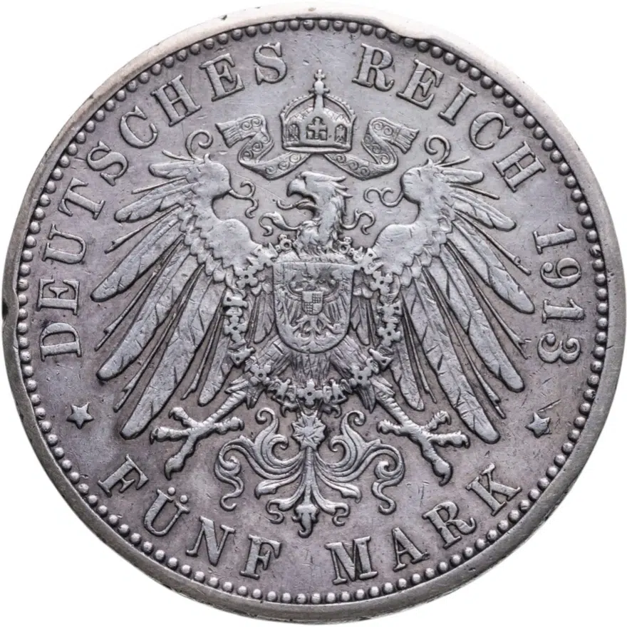 Германия (Империя) 5 марок (mark) 1913 G Баден, реверс