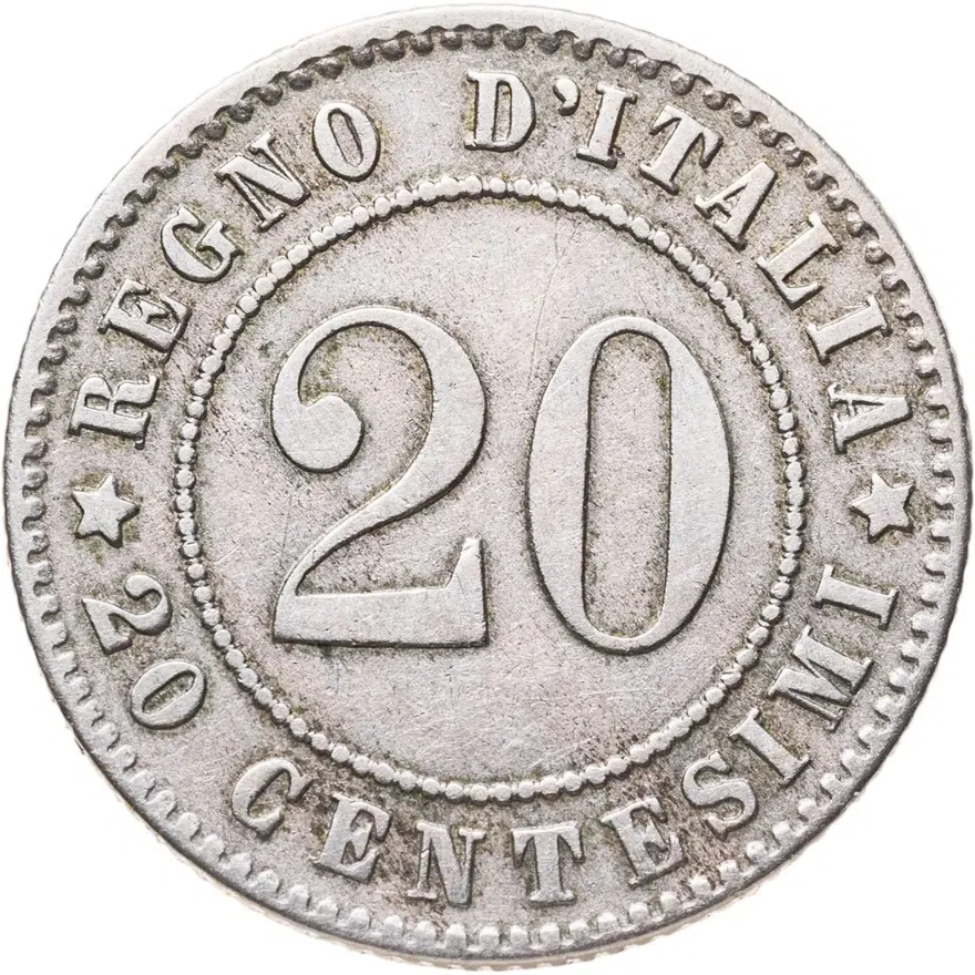 Италия 20 чентезимо (centesimi) 1894 R  знак монетного двора: "R" - Рим, реверс