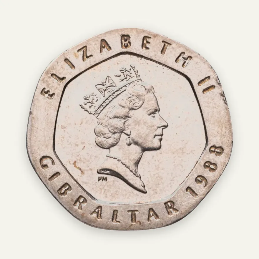 Гибралтар 20 пенсов (pence) 1988 Отметка "AA" на реверсе, реверс