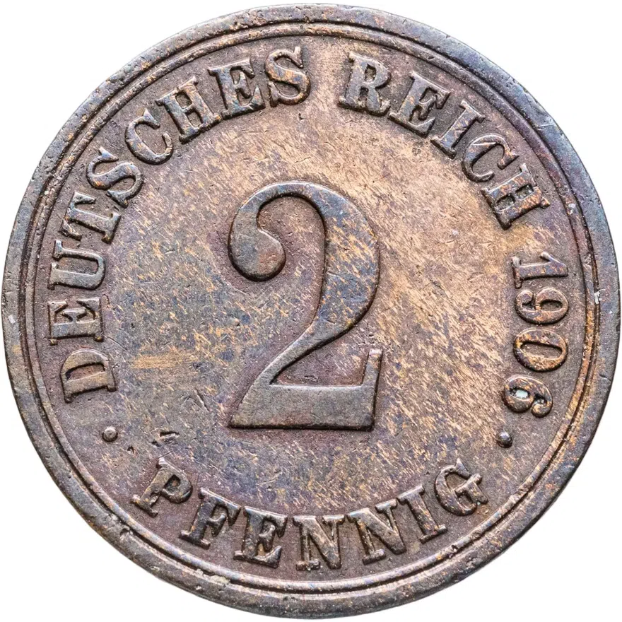 Германия 2 пфеннига (pfennig) 1906 A  знак монетного двора: "A" - Берлин, аверс