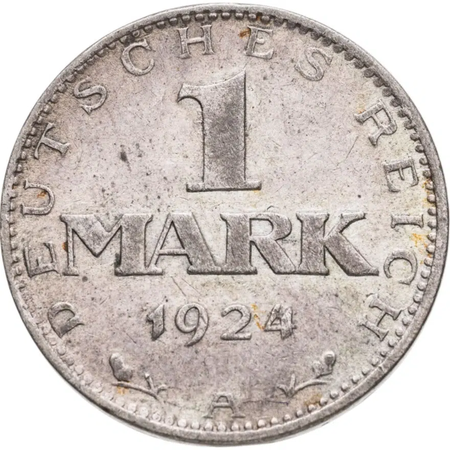 Германия 1 марка (mark) 1924 A  знак монетного двора "A" — Берлин, реверс