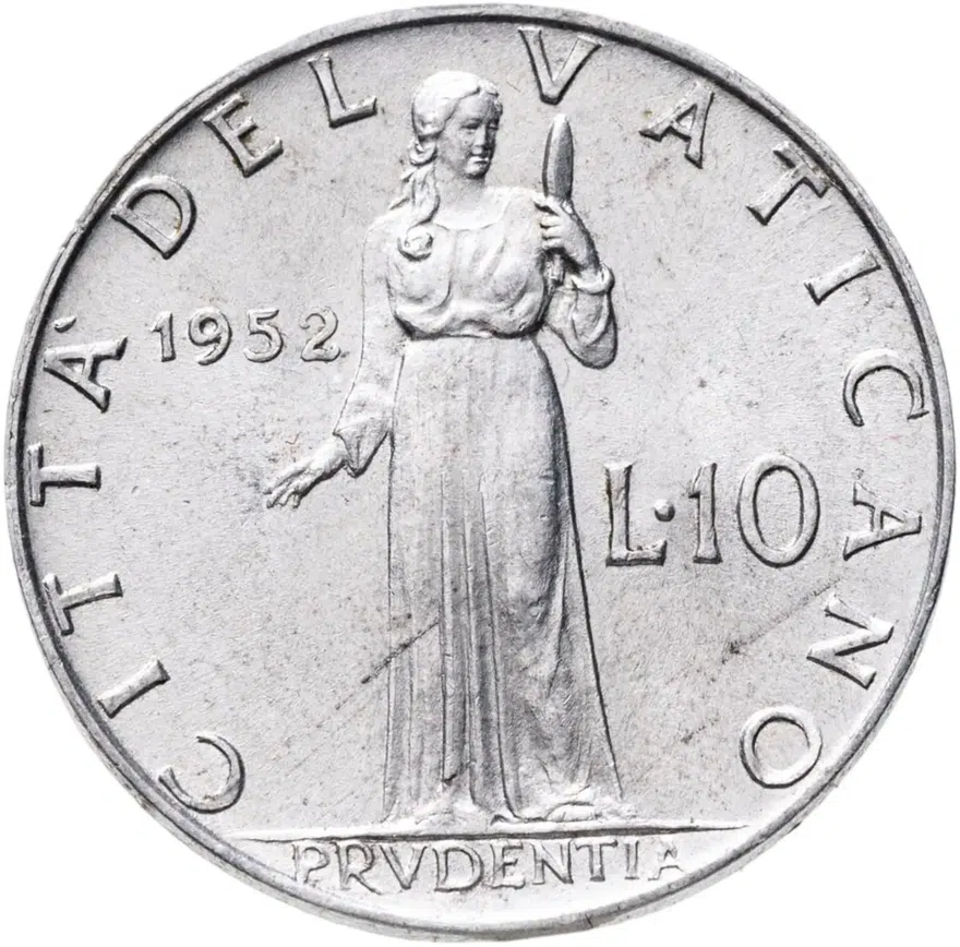 Ватикан 10 лир (lire) 1952, реверс