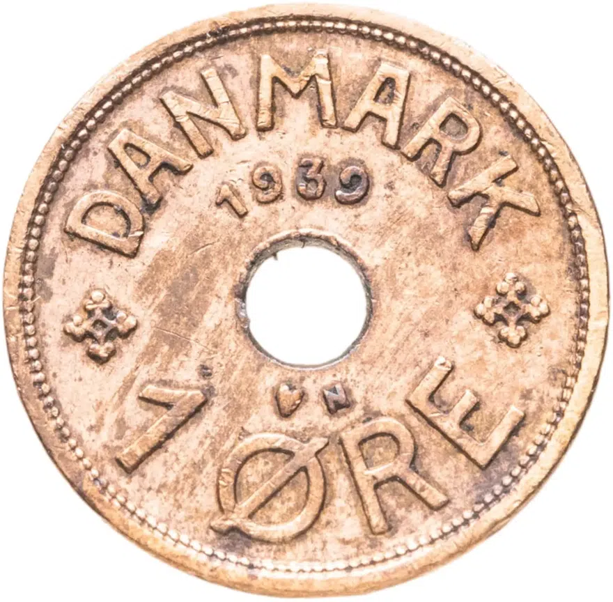 Дания 1 эре (ore) 1939, реверс