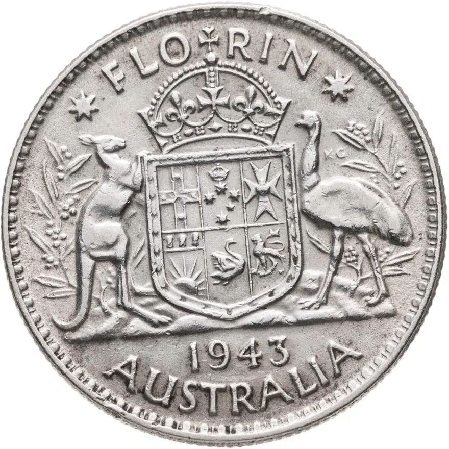 Австралия 2 шиллинга (флорин, shillings) 1943   Без отметки монетного двора, реверс