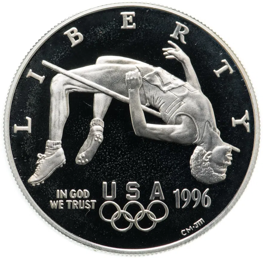 США 1 доллар (dollar) 1996 P XXVI летние Олимпийские Игры, Атланта 1996 - Прыжки в высоту знак монетного двора: "P" - Филадельфия, реверс