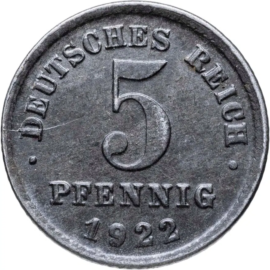 Германия 5 пфеннигов (pfennig) 1922 G  знак монетного двора: "G" - Карлсруэ