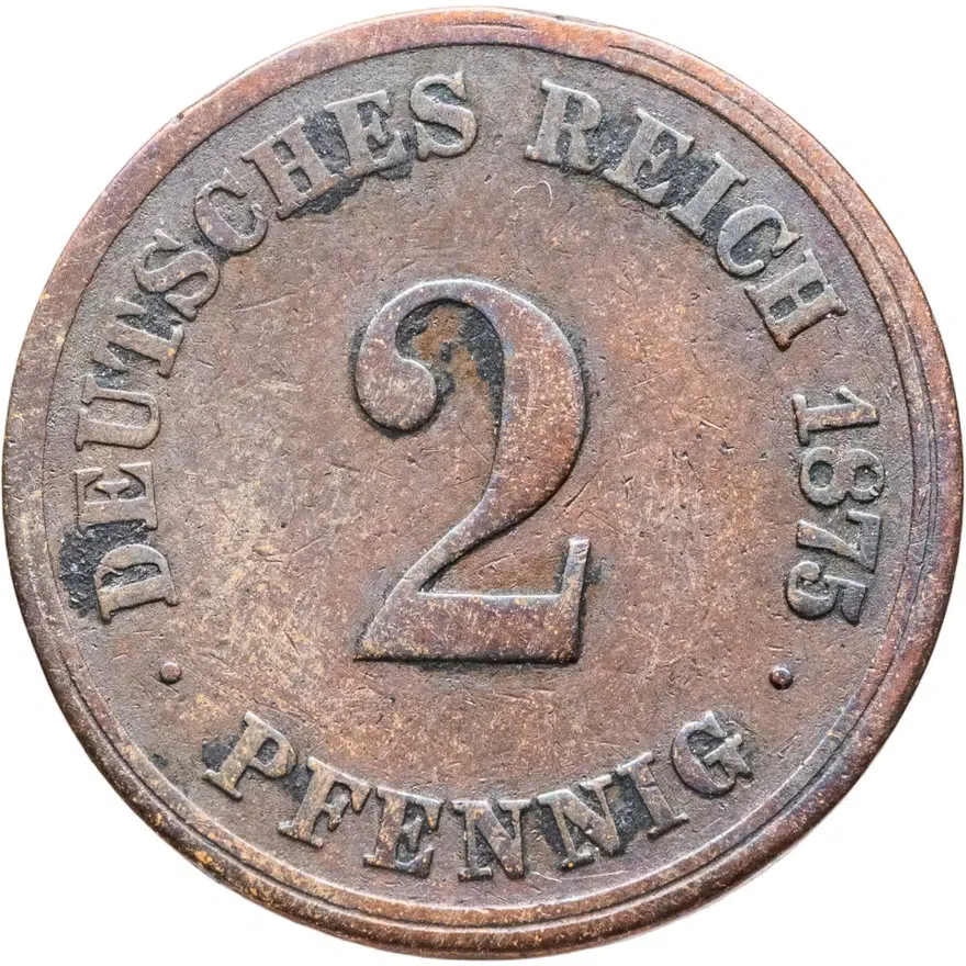 Германия 2 пфеннига (pfennig) 1875 J  знак монетного двора: "J" - Гамбург