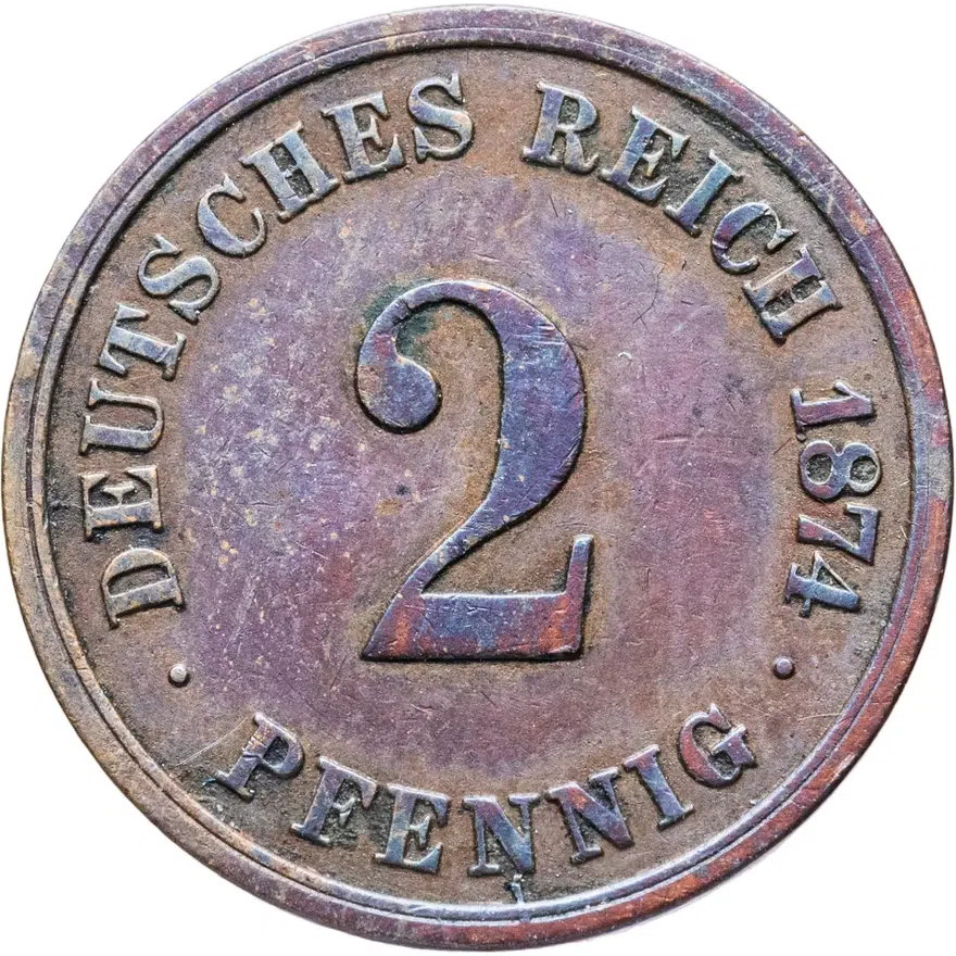 Германия 2 пфеннига (pfennig) 1874 A  знак монетного двора "A" - Берлин