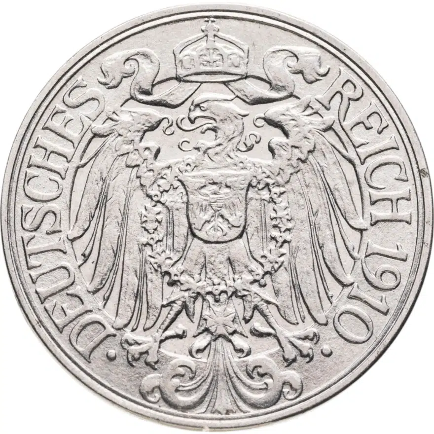 Германия 25 пфеннигов (pfennig) 1910 J