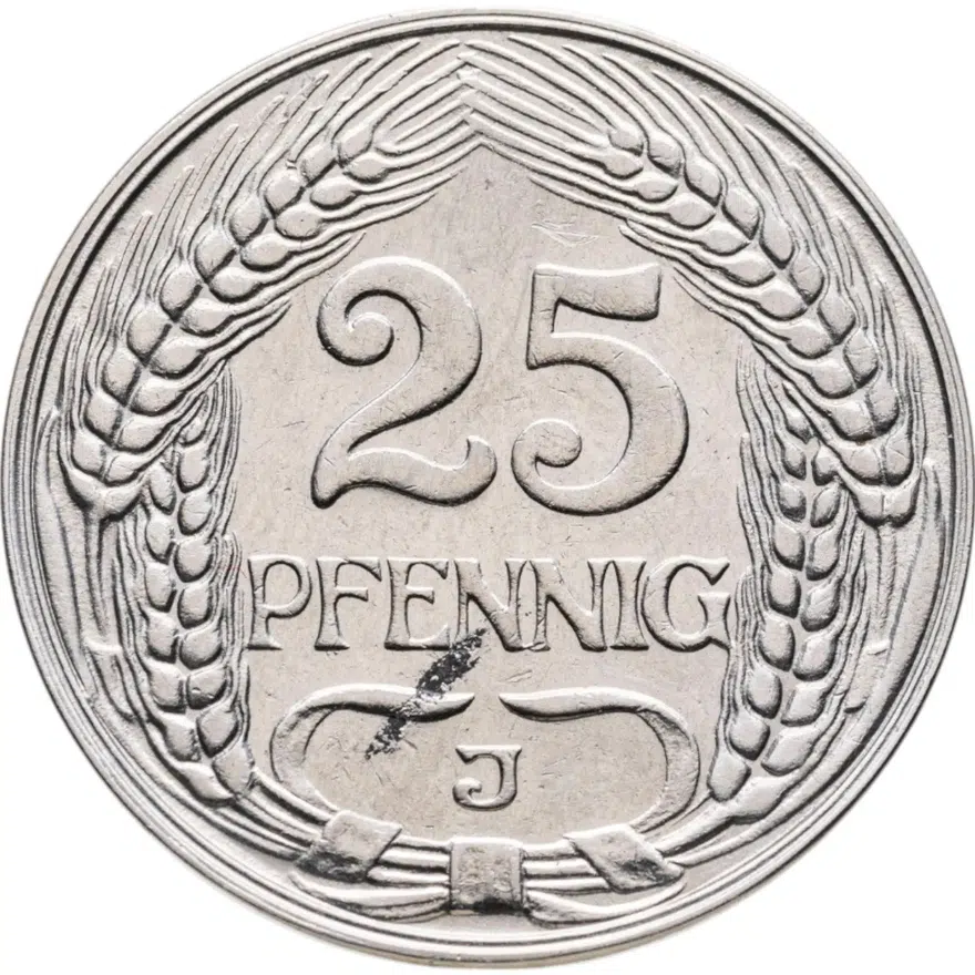Германия 25 пфеннигов (pfennig) 1910 J, реверс