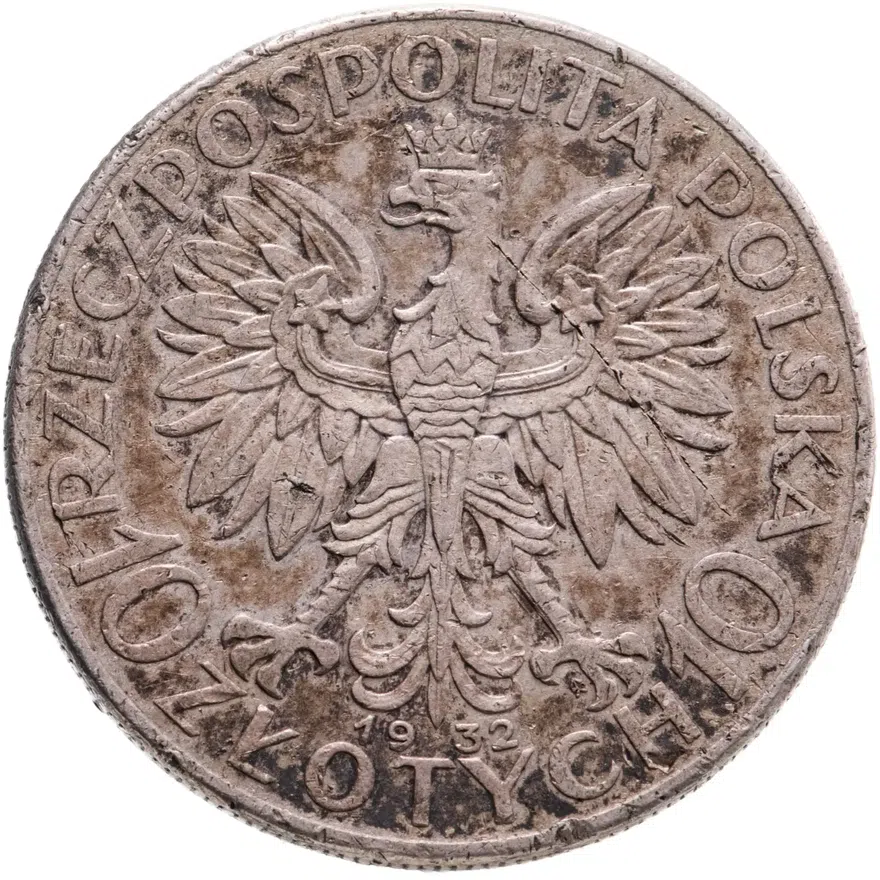Польша 10 злотых (zlotych) 1932   знак монетного двора: "стрелка" - Варшава