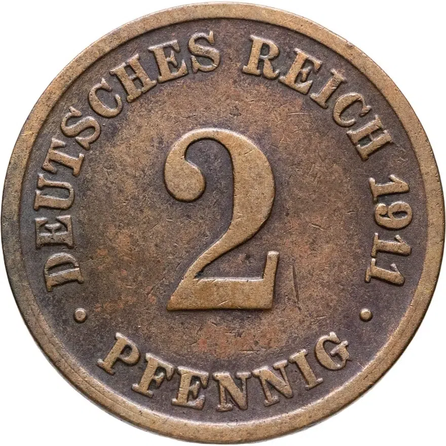 Германия 2 пфеннига (pfennig) 1911 D  знак монетного двора: "D" - Мюнхен, аверс
