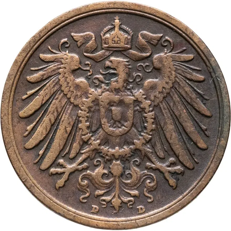 Германия 2 пфеннига (pfennig) 1911 D  знак монетного двора: "D" - Мюнхен, реверс