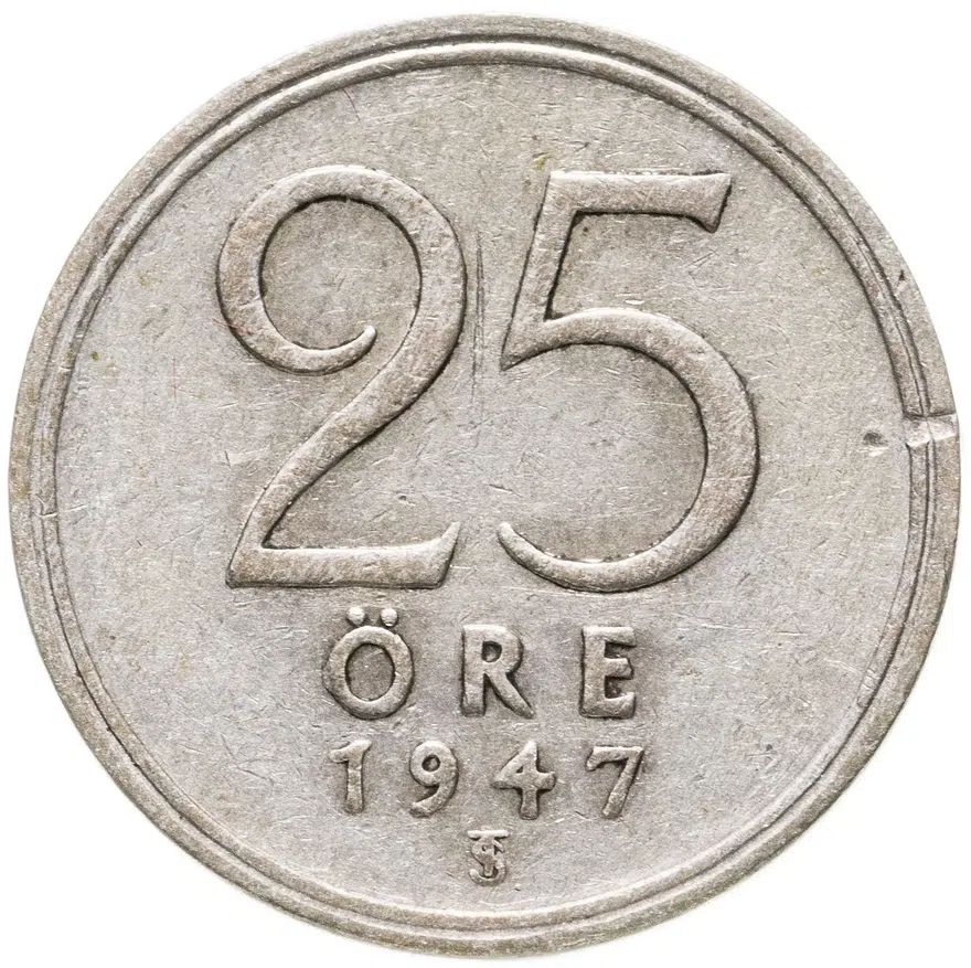 Швеция 25 эре (ore) 1947   Серебро, "SVERIGE" на аверсе, реверс