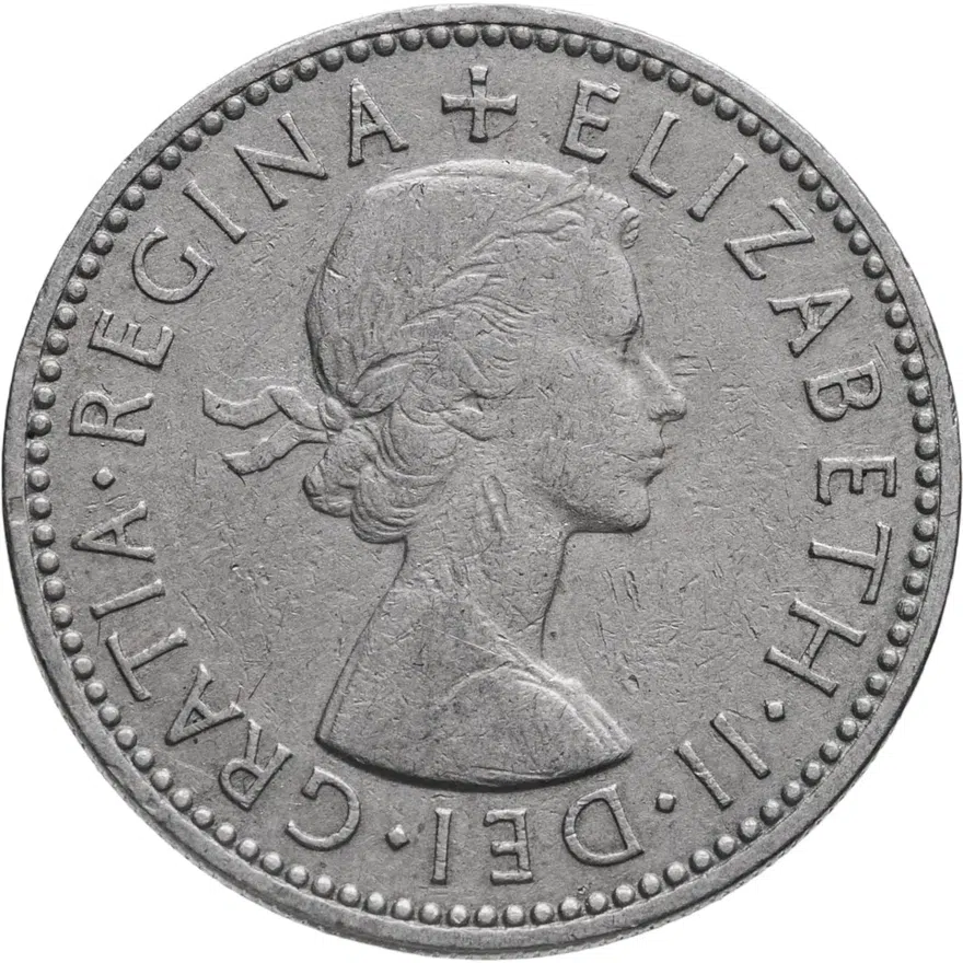 Великобритания 1 шиллинг (shilling) 1955  Английский герб - 3 льва внутри коронованного щита, аверс