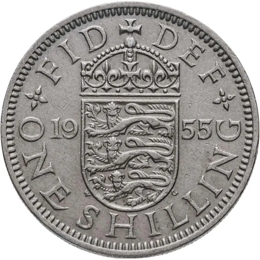 Великобритания 1 шиллинг (shilling) 1955  Английский герб - 3 льва внутри коронованного щита, реверс