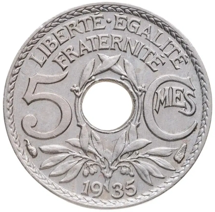 Франция 5 сантимов (centimes) 1935  Новый тип: Отверстие в центре, реверс